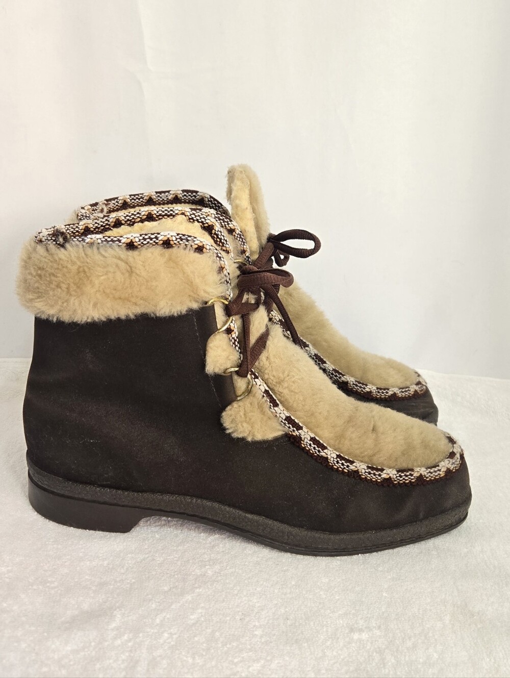 Vintage 70s Snowland Boots Women’s 9 Brown Faux Fur Lace Up Après Ski